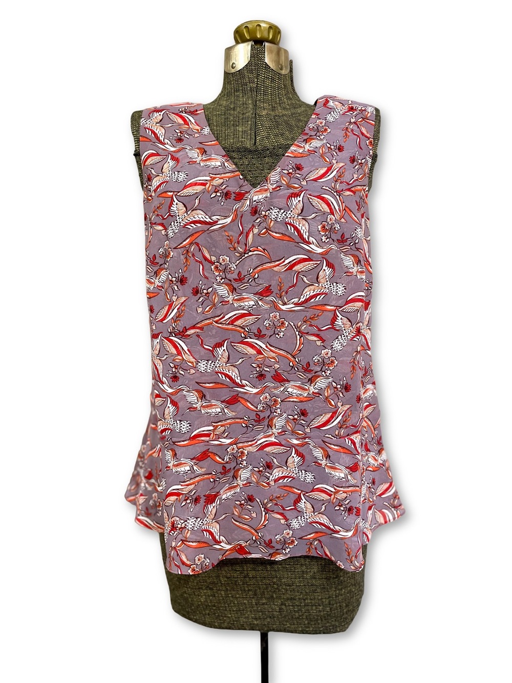 CAbi Good Luck Bird Print Mauve Chiffon Peplum Top Sleeveless Blouse #3611